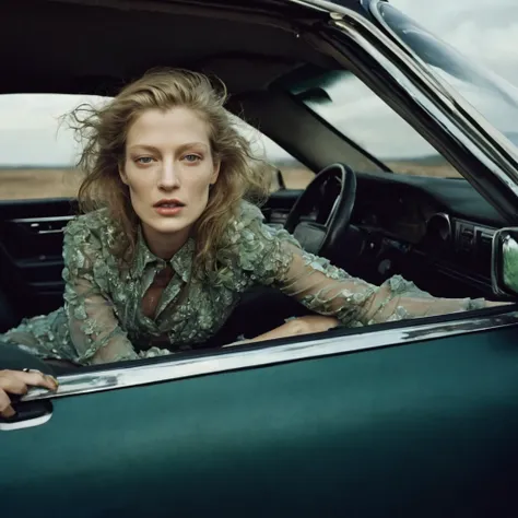 Driving a car, fashion photoshoot, photographed by Annie Leibovitz