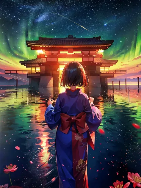 1girl, a distant girl kiss girl in a kimono gazing at the stars, (zoomed: 1.1), (meteor shower: 1.2), (comet: 1.1), your name, low angle, from behind, Northern Lights, Meteors, yukata, red kimono, cherry blossoms, standing in the field, best quality, maste...