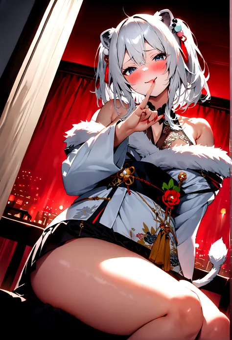 NSFW,masterpiece,Highest quality,High resolution,Super detailed,Shishirabotan(Hololive),Double Odango、flower、Side Lock、Lions tail、White kimono、Off the shoulder、fur ornament、Black Hakama、Short skirt,Bad smile,blush,Prostitute,(Red light district),Japanese-s...