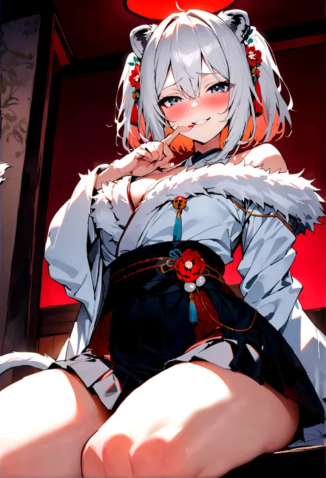 NSFW,masterpiece,Highest quality,High resolution,Super detailed,Shishirabotan(Hololive),Double Odango、flower、Side Lock、Lions tail、White kimono、Off the shoulder、fur ornament、Black Hakama、Short skirt,Bad smile,blush,Prostitute,(Red light district),Japanese-s...