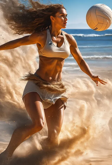 a sports picture best quality of a cave woman playing volleyball at the beach at the stone age, an extraordinary beautiful cave woman wearing animal fur playing volleyball at the beach, there is (mammoth: 1.2) watching her play, stone age volley ball beach...