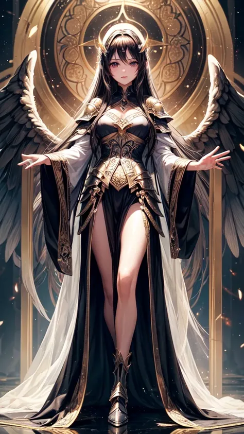 best quality, extremely beautiful, beautiful face, angel woman, four huges black wing, revealing armor with open front skirt, very long dark hair, bright white light eyes
