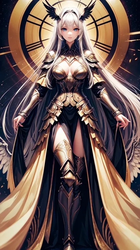 best quality, extremely beautiful, beautiful face, angel woman, four huges black wing, revealing armor with open front skirt, very long dark hair, bright white light eyes
