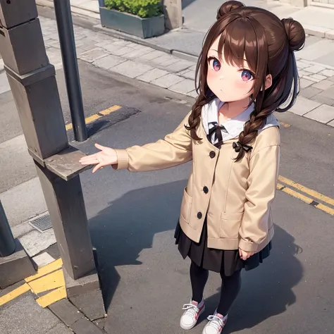 Full body view of an 8 year old Russian girl with brown hair that is tied into a cute bun and wearing a cute outfit that has lots of pockets in the streets of Moscow Russia