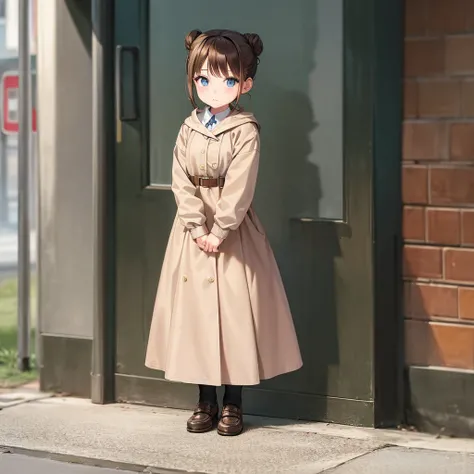 Full body view of an 8 year old Russian girl with brown hair that is tied into a cute bun and wearing a cute outfit that has lots of pockets in the streets of Moscow Russia