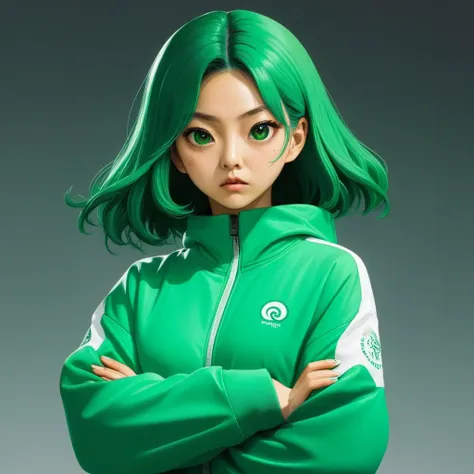 kang sae-byeok, squid game, jung ho-yeo, holding a knife with her hand, wearing a green squidgame tracksuit, simple background, ...