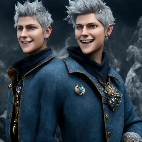 a young boy of 28 years old, jack frost, symmetrical face, defined body, sharp chin, blue eyes, short hair on both sides of the ...