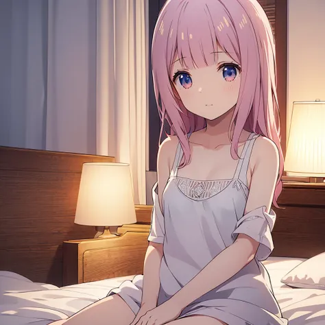 ((masterpiece)), ((Best Quality)), (Ultra-detailed), Anime style, Cute , 1girl in, Solo, 8k, sitting on the bed , no pant,no bra , young girl , flat chest, bare shoulders