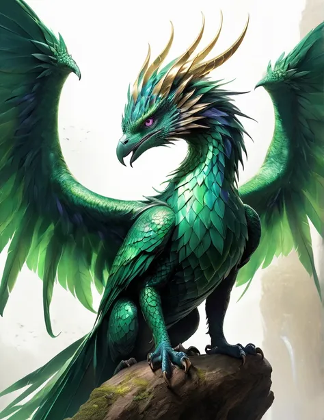 the image shows a fantastic creature that combines characteristics of a bird and a dragon, with a majestic and regal appearance....