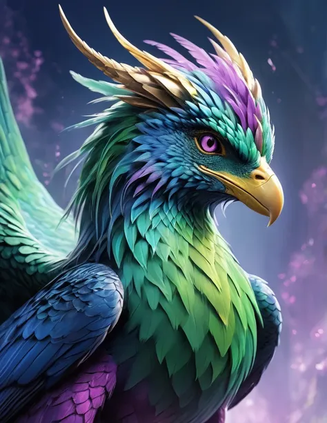 the image shows a fantastic creature that combines characteristics of a bird and a dragon, with a majestic and regal appearance....