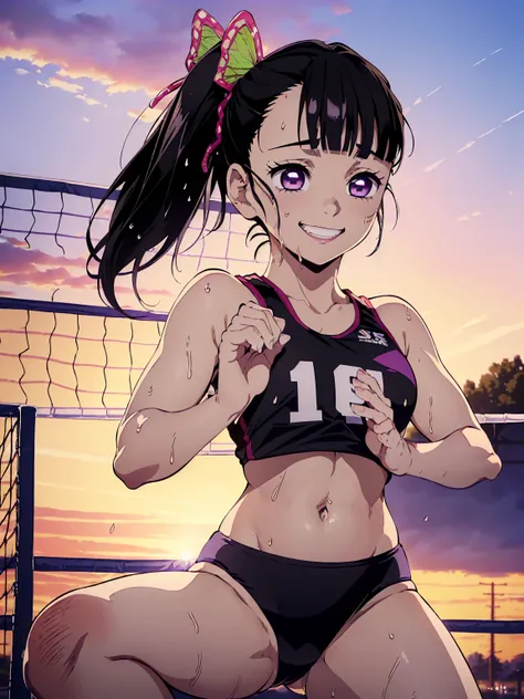 masterpiece, best quality, (lineart, anime screencap, sketch:1.1), (1girl, solo:1.3), kanao tsuyuri, (black hair, butterfly hair ornament, side ponytail, ponytail, hair swaying from the wind:1.3), (purple eyes, bright pupils, sparkling eyes:1.2), (wearing ...