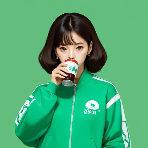 kang sae-byeok, squid game, jung ho-yeo,drinking soda, wearing a green squidgame tracksuit, simple background, evil expression, ...