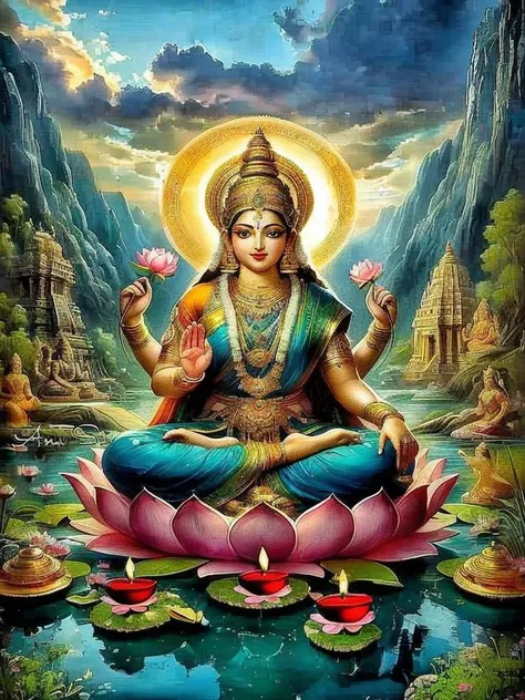 painting of a woman sitting on a lotus in front of a mountain, indian goddess of wealth, indian goddess, holy goddess, female go...