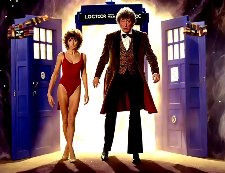 tom baker doctor who entering the tardis,is companion (a swift woman, alien sexy leotard) close behind him