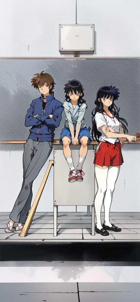 1 girl 16 years old, japanese school uniforma, black hair, 1 boy 16 years old blue jacket, brown skim, 1 small girl 10 years old...