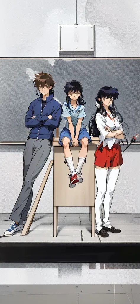 1 girl 16 years old, japanese school uniforma, black hair, 1 boy 16 years old blue jacket, brown skim, 1 small girl 10 years old...