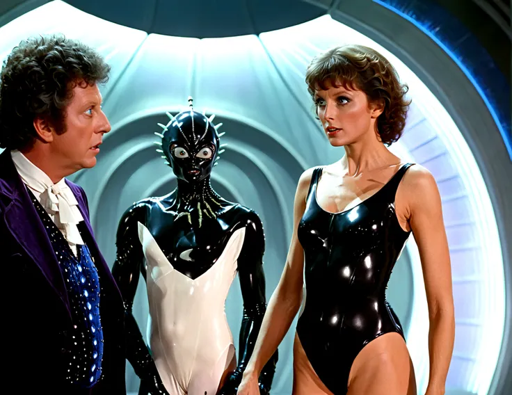 tom baker doctor who 1980, is arguing with a cyber man, his companion (a swift woman, alien sexy leotard) stands quietly behind ...