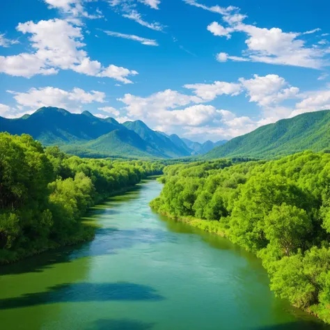 a fantastic sky, a quietly flowing river, and beautiful green mountains々