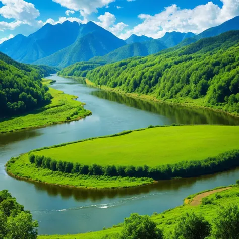 a fantastic sky, a quietly flowing river, and beautiful green mountains々