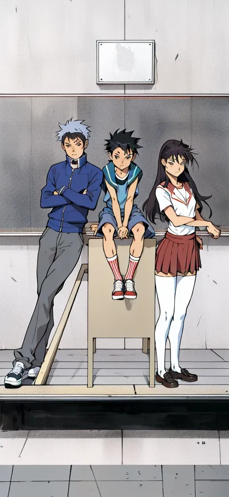 1 girl 16 years old, japanese school uniforma, black hair, 1 boy 16 years old blue jacket, brown skim, 1 small girl 10 years old...