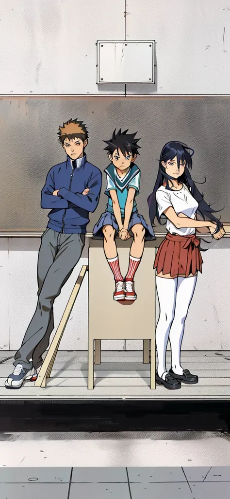 1 girl 16 years old, japanese school uniforma, black hair, 1 boy 16 years old blue jacket, brown skim, 1 small girl 10 years old...