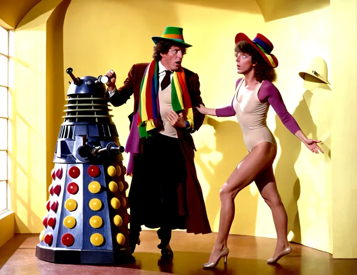 tom baker doctor who 1980 (classic rainbow scarf and felt hat), is arguing with a dalek, his companion (a swift woman, alien sex...