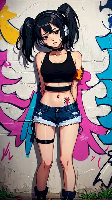 masterpiece, best quality, 1girl, solo, crop top, denim shorts, choker, (graffiti:1.5),  arms behind back, against wall, looking at viewer, armband, thigh strap, head tilt, bored, black hair, Black eyes, headset, chichi.