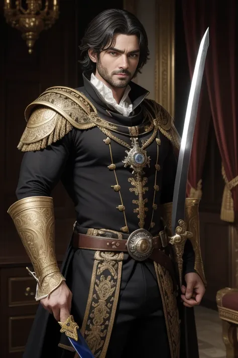 （absurderes，A high resolution，Hyper-detail，hdr），naughty man ，Masterpiece artwork，best qualityer，1 person，only，bonitas，gold eyes，fine eyes and detailed face，with sword，serious but with a slight smile ，muscular ，Show your temperament，mascle，masculine appeal，...