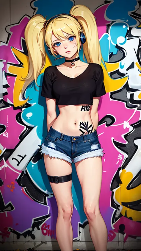 masterpiece, best quality, 1girl, solo, crop top, denim shorts, choker, (graffiti:1.5),  arms behind back, against wall, looking at viewer, armband, thigh strap, head tilt, bored, Blonde hair, blue eyes, headset, chichi.