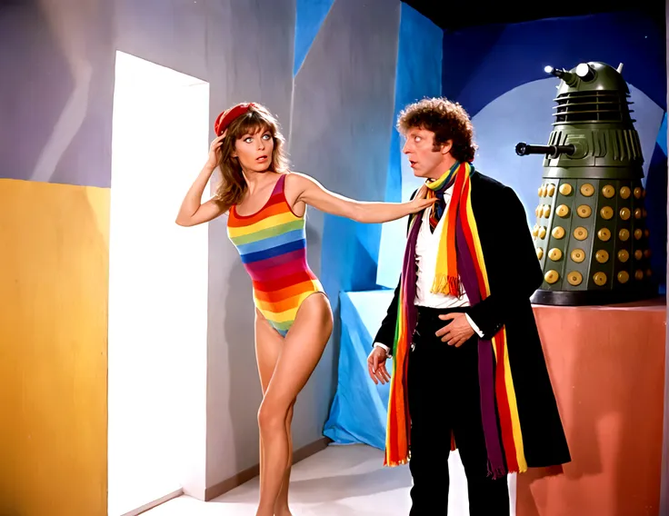 tom baker doctor who 1980 (classic rainbow scarf and felt hat), is arguing with a dalek, his companion (a swift woman, alien sex...