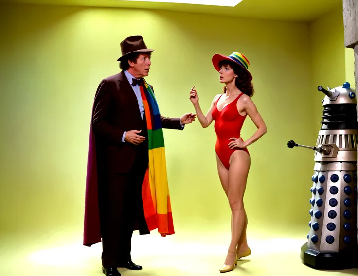 tom baker doctor who 1980 (classic rainbow scarf and felt hat), is arguing with a dalek, his companion (a swift woman, alien sex...