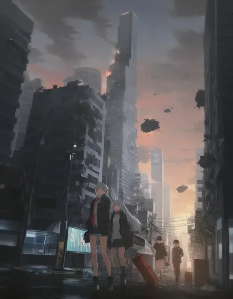 1girl, chipa \(arutana\), blue archive, cityscape, apocalyptic, red_sky, debris, from below, red sky with large debris suspended...