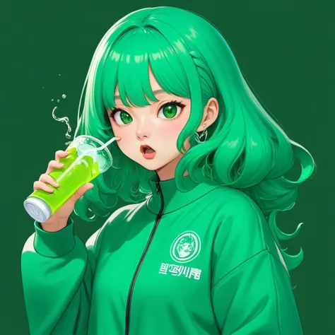 kang sae-byeok, squid game, jung ho-yeo,drinking soda, wearing a green squidgame tracksuit, simple background, evil expression, ...