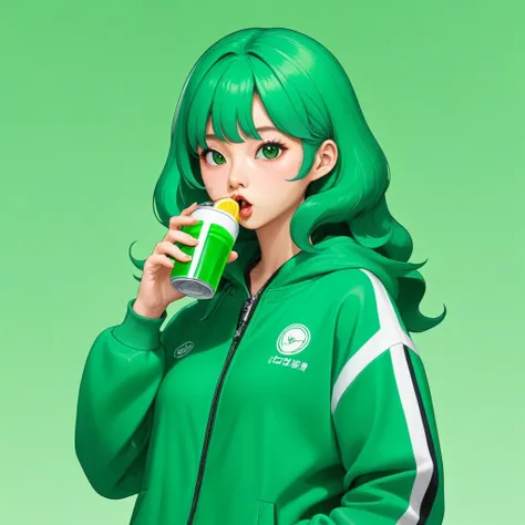 kang sae-byeok, squid game, jung ho-yeo,drinking soda, wearing a green squidgame tracksuit, simple background, evil expression, ...