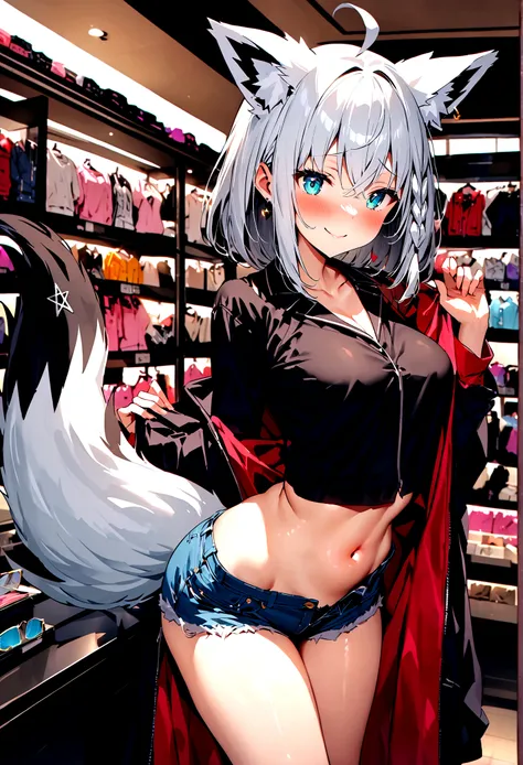 NSFW,masterpiece,Highest quality,High resolution,Super detailed,Shirakami Fubuki(Hololive),Gray Hair、One-sided braid、Ahoge、Earrings,Fox ears,Fox tail,Jacket,Crop top shirt,Low-rise denim shorts,Embarrassed,blush,Expecting face,Bewitching Smile,Sexy smile,(...