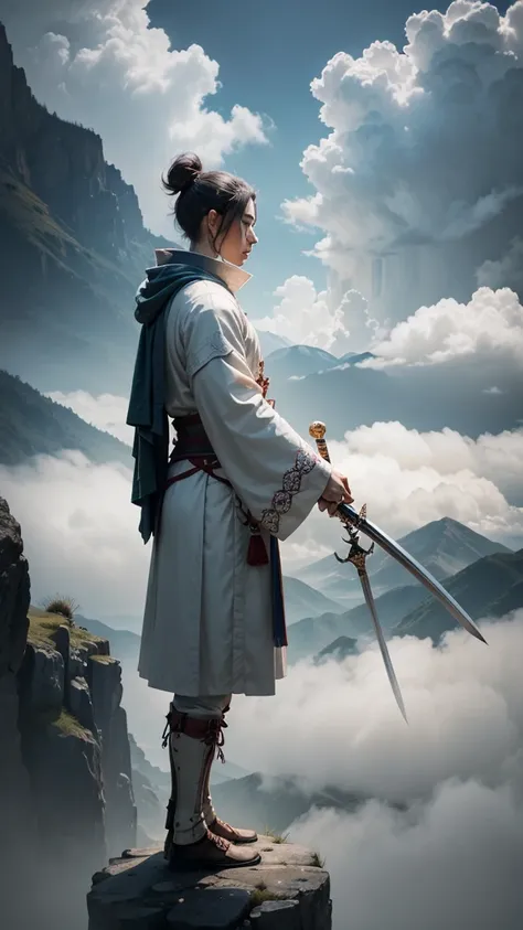 Immortal Sect，Clouds and mountains are foggy，A swordsman stood proudly in the air。