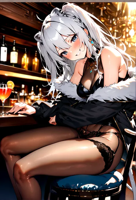 NSFW,masterpiece,Highest quality,High resolution,Super detailed,Shishirabotan(Hololive),Long Hair、Two Side Up、Earrings、Lion&#39;s Tail,necklace、Black Shirt、Sleeveless shirt、abdomen、See-through、Grey Skirt、片足pantyhose、pantyhose、fur-trimmed jacket、Black jacke...