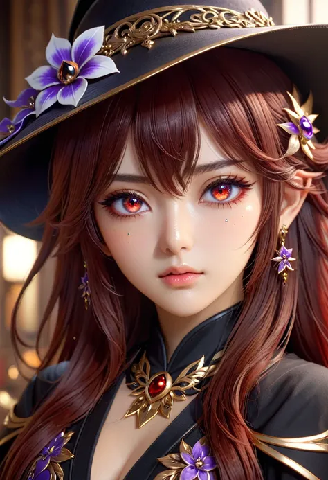 face, closeup, closeup shot, shiny hair, shiny clothes, shiny, extremely detailed eyes, extreme details, realistic, cinematic, detailed, masterpiece, 4k, 8k, , PunkAI,, FantasyAI_Burple,, indoors, hu tao (genshin impact), genshin impact, hat, symbol-shaped...