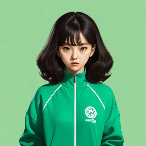 kang sae-byeok, squid game, jung ho-yeo, wearing a green squidgame tracksuit, simple background, evil expression, shes an amoral...