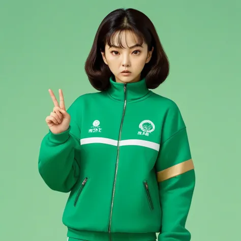 kang sae-byeok, squid game, jung ho-yeo, wearing a green squidgame tracksuit, simple background, evil expression, shes an amoral...