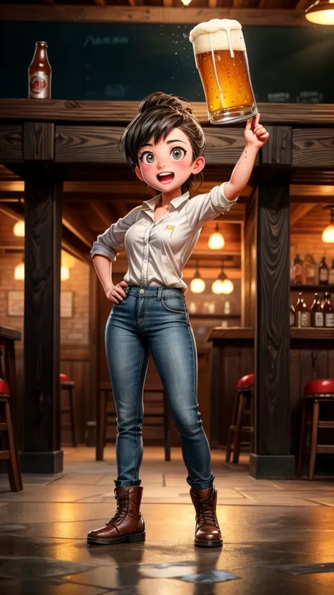 Beer hall employee gets beer-thrown by customer、High definition、Photorealistic、8K、Cinematic Lighting、Dramatic angle、Wet clothes、Surprise expression、Beer splash、Detailed background of the interior of a beer hall、Warm colors