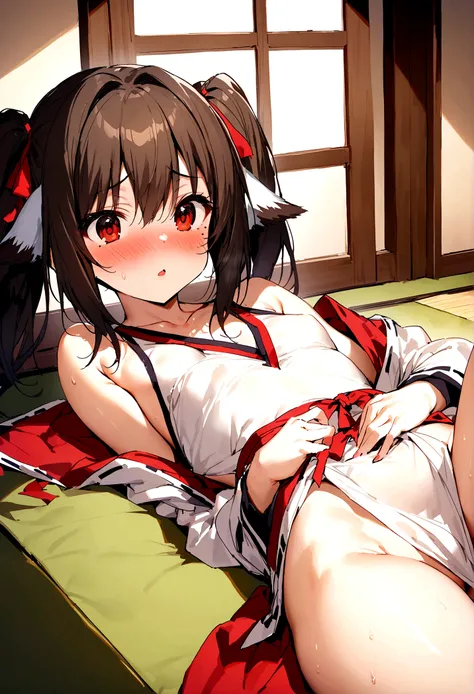 NSFW,masterpiece,Highest quality,High resolution,Super detailed,Nekone (Utawarerumono),Brown Hair、（Red Eye：1.3）、ribbon,Twin tails、ヘアribbon、Mole、目の下のMole,Small breasts,blush,Expecting face,(Prostitute),Brothel,Japanese-style room,Lying down,Lying on your ba...