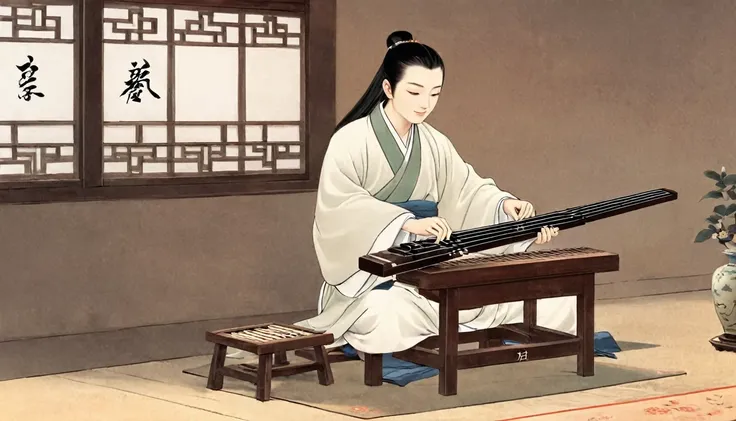 cartoon illustration,the man sitting,play the chinese guqin, cartoon still, cartoon, inspired by wu daozi, animation scene, insp...