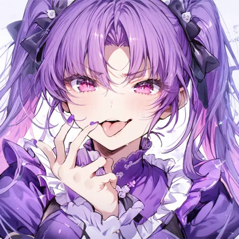 Girl purple short pigtails purple dress pink eyes tongue out sneer 少女