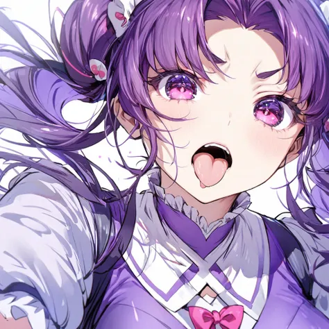 Girl purple short pigtails purple dress pink eyes tongue out sneer 少女