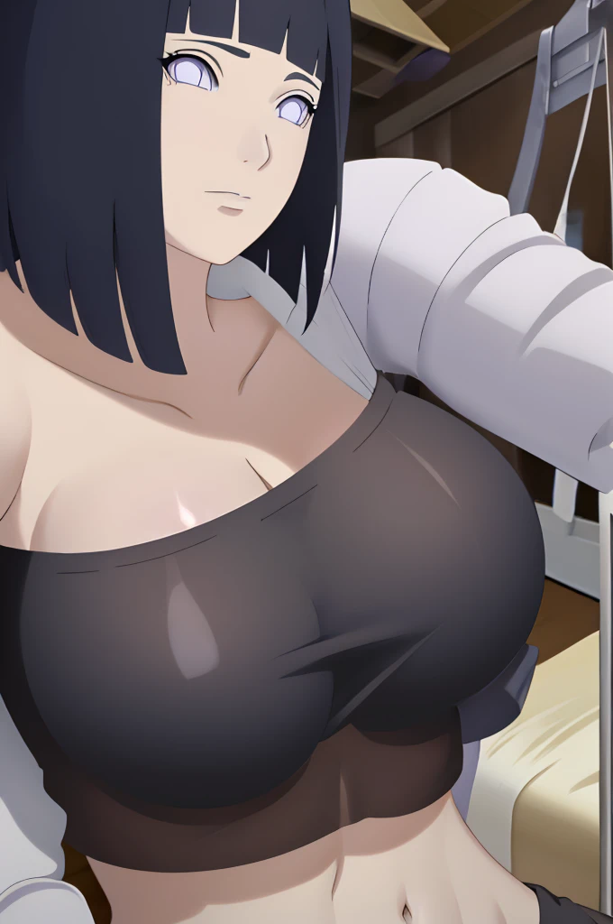 masterpiece, (intricate details), (colorful),cinematic lighting,extremely detailed CG unity 8k wallpaper ,hinata(boruto), 1girl,solo, large breasts, (hinata, hyuuga hinata, purple eyes, blunt bangs, black hair) big breasts, perfect breasts, large breasts, ...