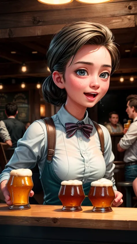 Beer hall employee gets beer-thrown by customer、High definition、Photorealistic、8K、Cinematic Lighting、Dramatic angle、Wet clothes、Surprise expression、Beer splash、Detailed background of the interior of a beer hall、Warm colors