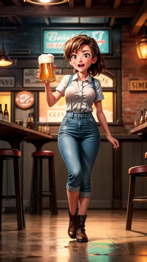 Beer hall employee gets beer-thrown by customer、High definition、Photorealistic、8K、Cinematic Lighting、Dramatic angle、Wet clothes、Surprise expression、Beer splash、Detailed background of the interior of a beer hall、Warm colors