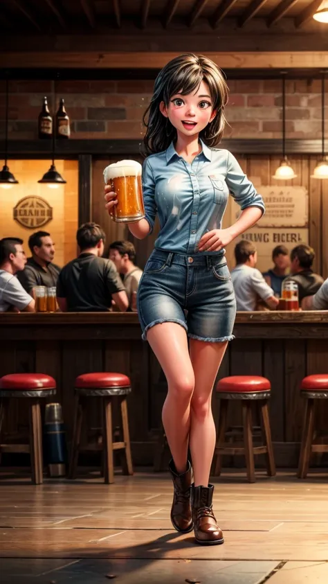 Beer hall employee gets beer-thrown by customer、High definition、Photorealistic、8K、Cinematic Lighting、Dramatic angle、Wet clothes、Surprise expression、Beer splash、Detailed background of the interior of a beer hall、Warm colors