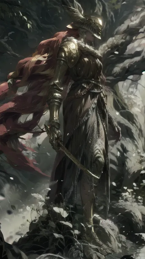 1 girl, ultra sharp image, Portrait of a girl, Gothic style, fantasy, beautiful figure, beautiful, full length (full body 1.1.), big tree in the background, slender legs, buttocks, slender legs, Wasp waist, sexy, fighting pose, fighting stance, only,helmet...